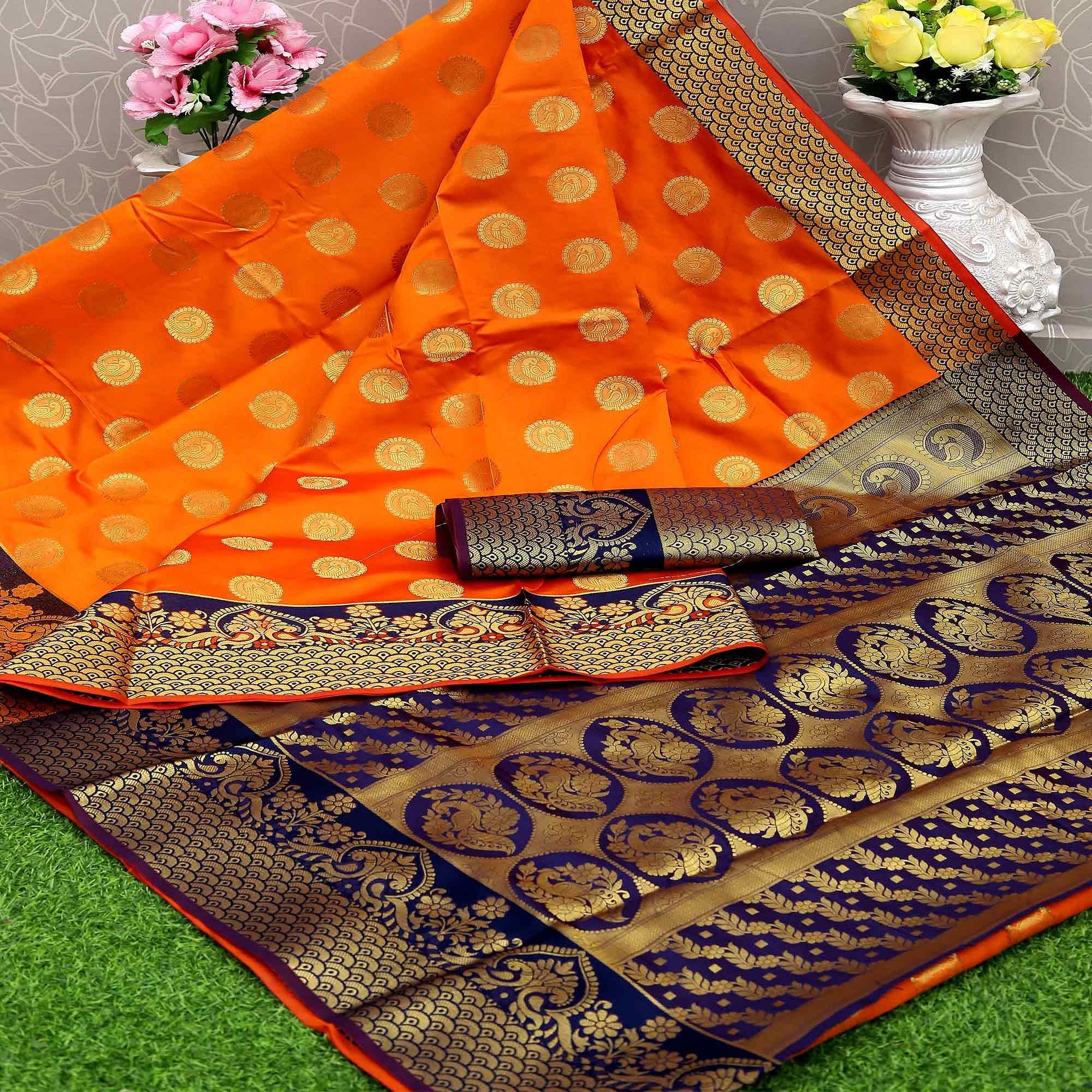 Orange Festive Embroidered Kota Banarasi Art Silk Saree - Peachmode