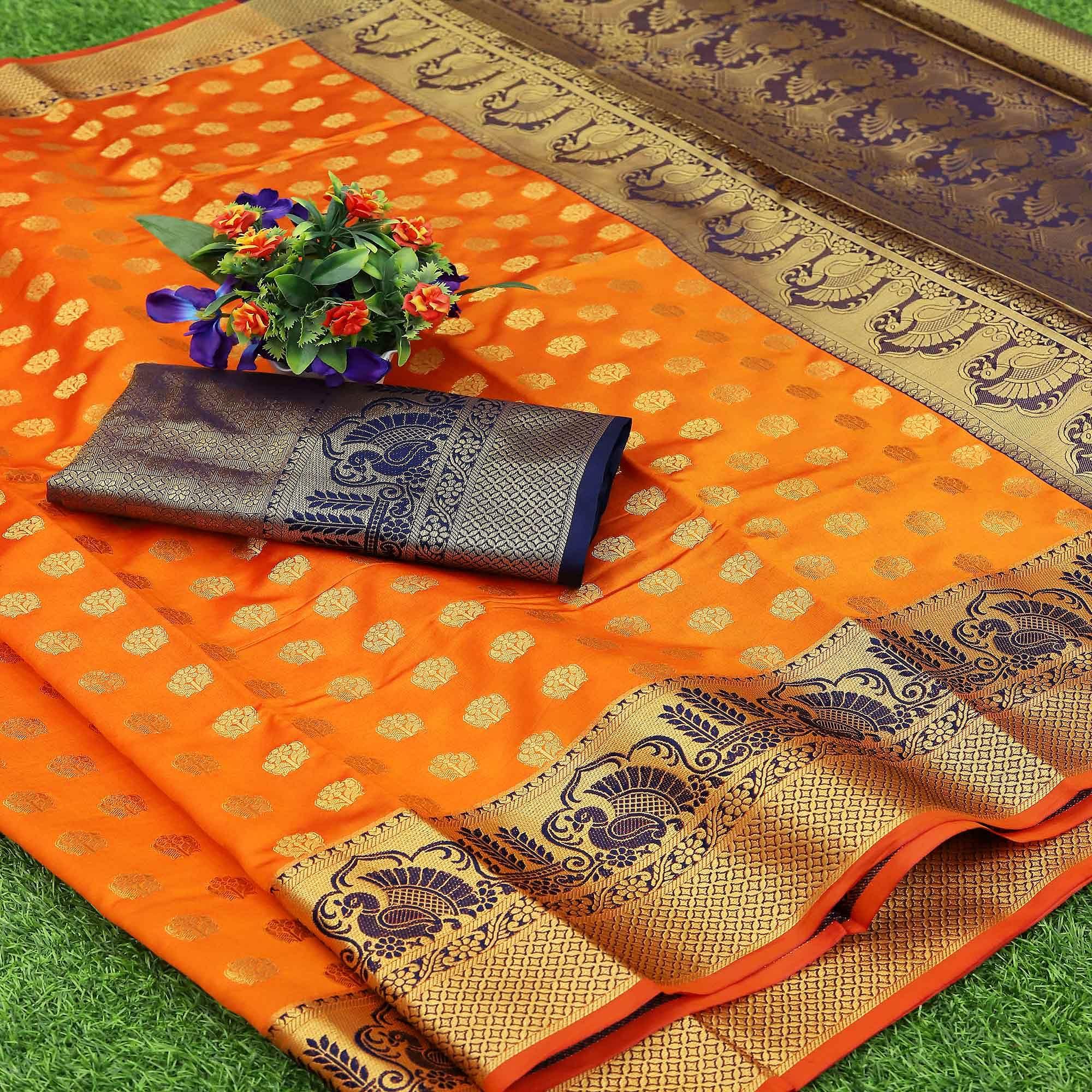 Orange Festive Embroidered Kota Banarasi Art Silk Saree - Peachmode