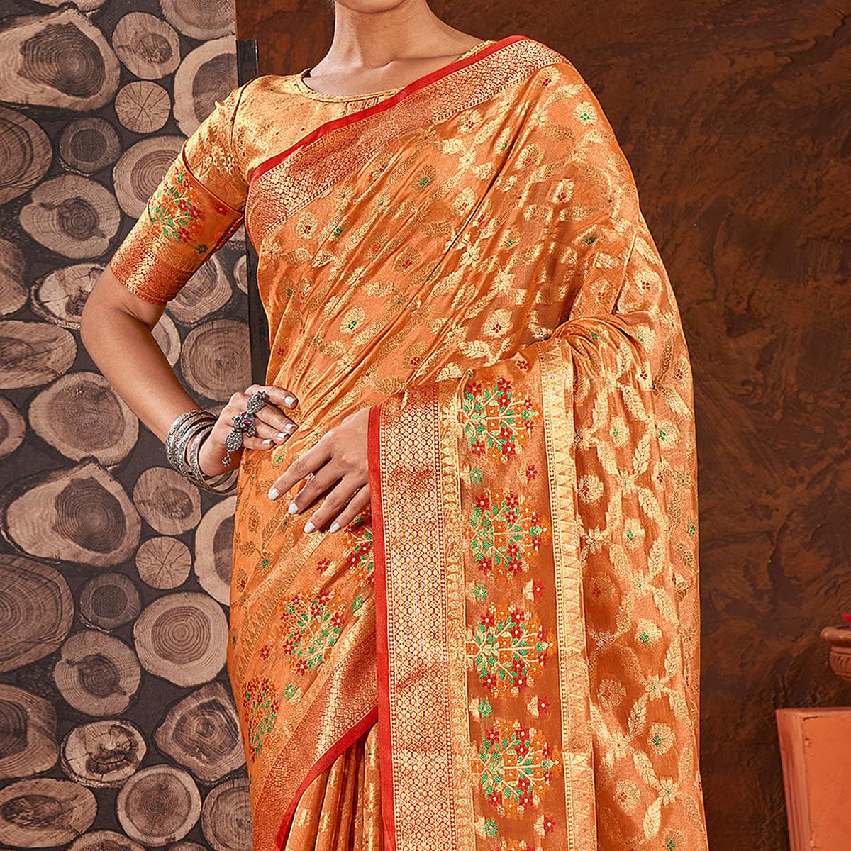 Orange Festive Wear Banarasi Woven Organza Saree - Peachmode
