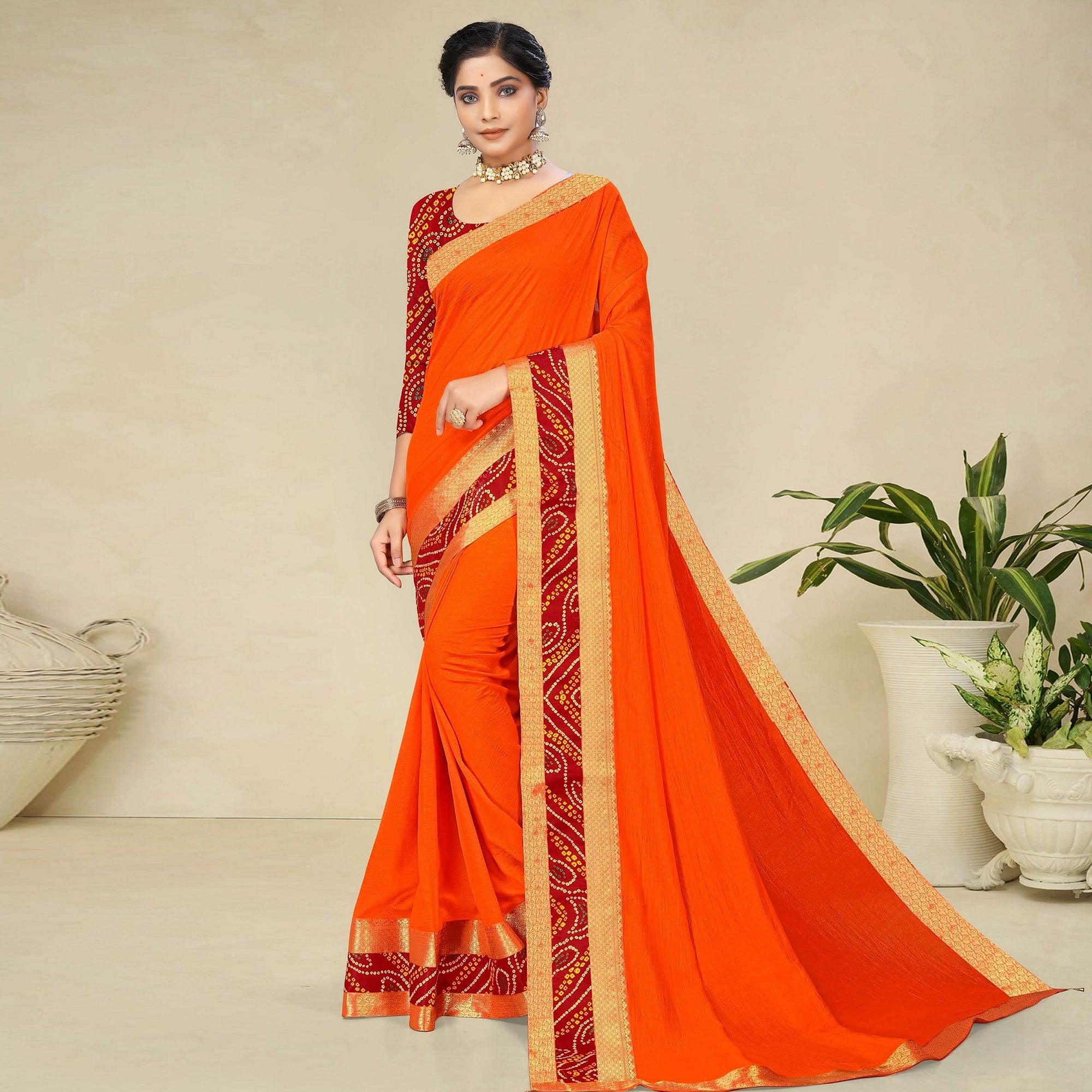 Orange Festive Wear Bandhani Printed Border Silk Designer Saree - Peachmode