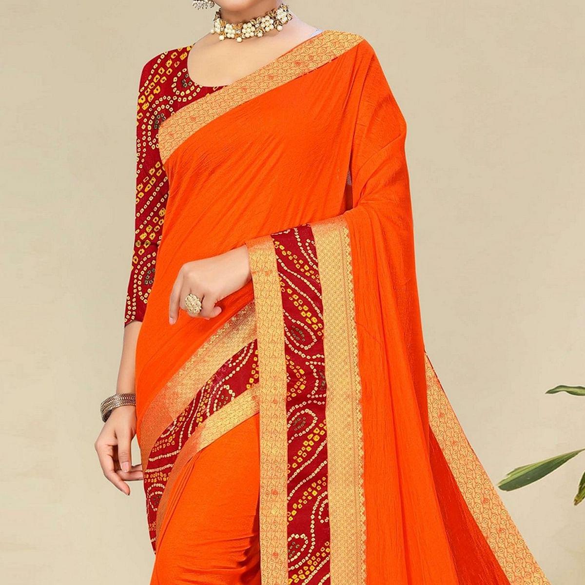 Orange Festive Wear Bandhani Printed Border Silk Designer Saree - Peachmode