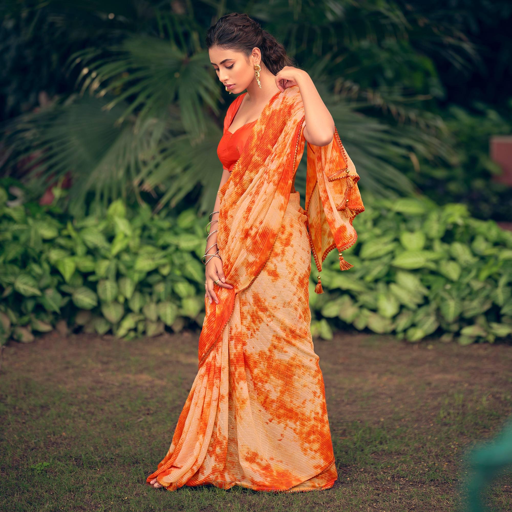 Orange Festive Wear Crochet Work Georgette Saree - Peachmode