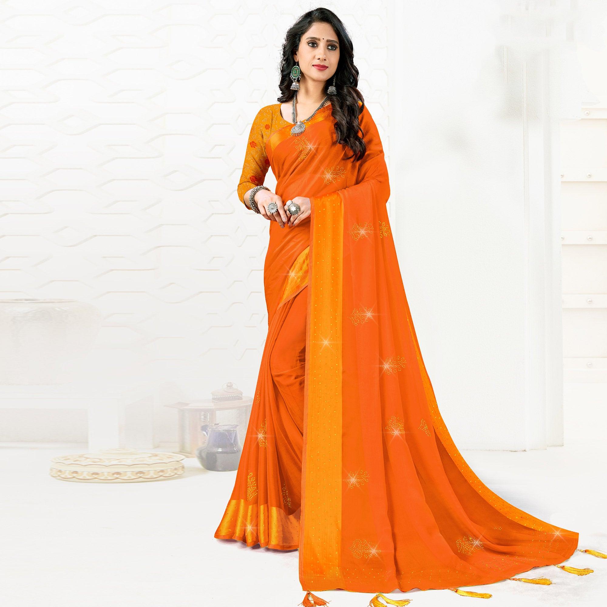 Orange Festive Wear Diamond And Swarovski Soft Chiffon-Satin Saree - Peachmode