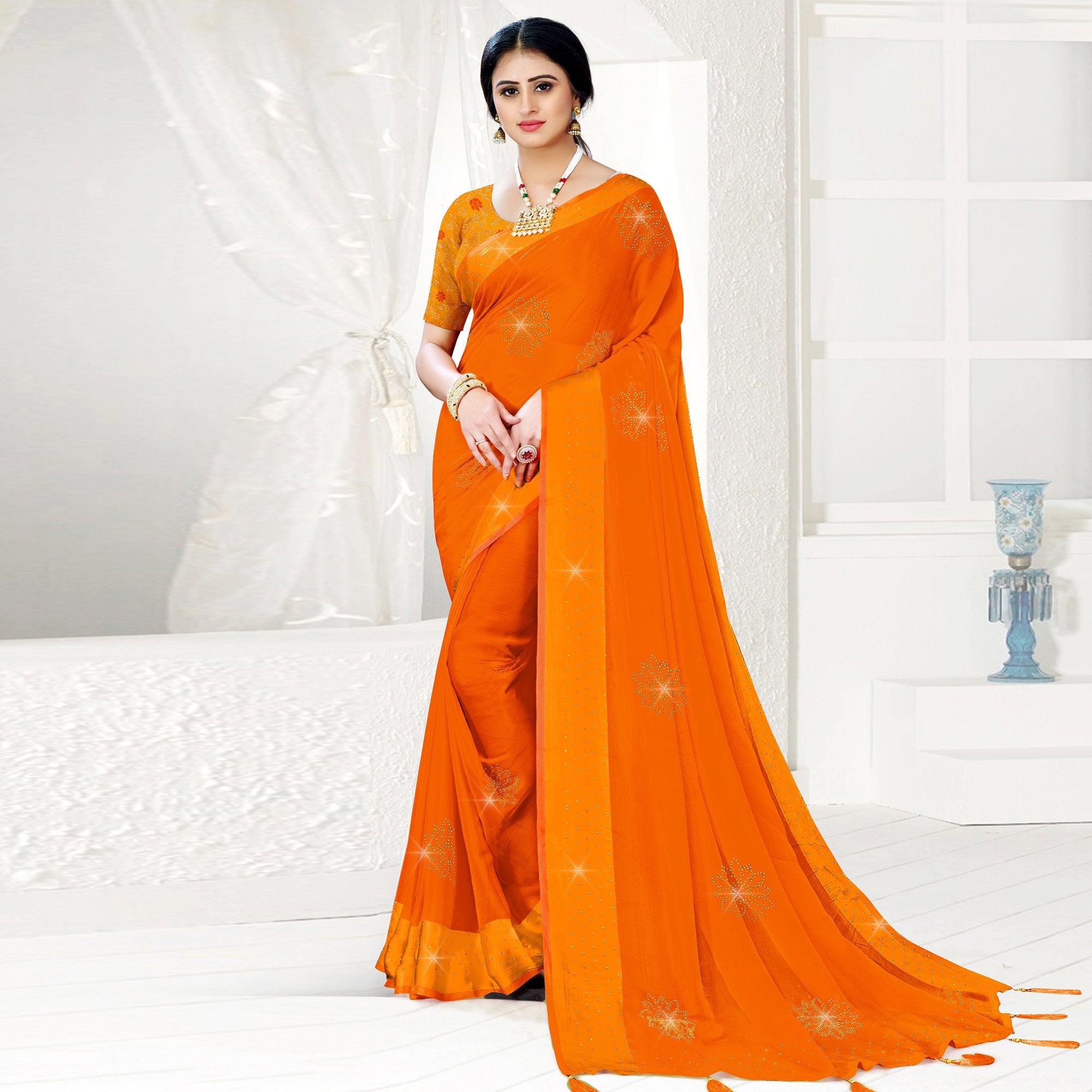 Orange Festive Wear Diamond And Swarovski Soft Chiffon-Satin Saree - Peachmode