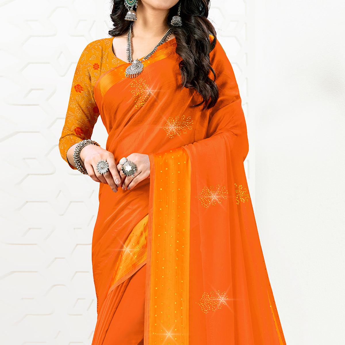 Orange Festive Wear Diamond And Swarovski Soft Chiffon-Satin Saree - Peachmode