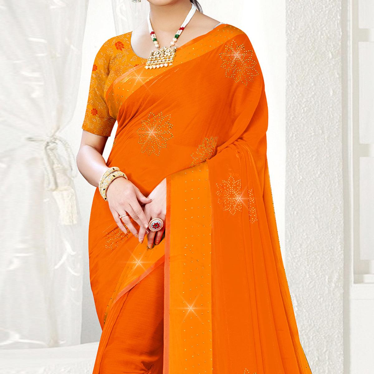 Orange Festive Wear Diamond And Swarovski Soft Chiffon-Satin Saree - Peachmode