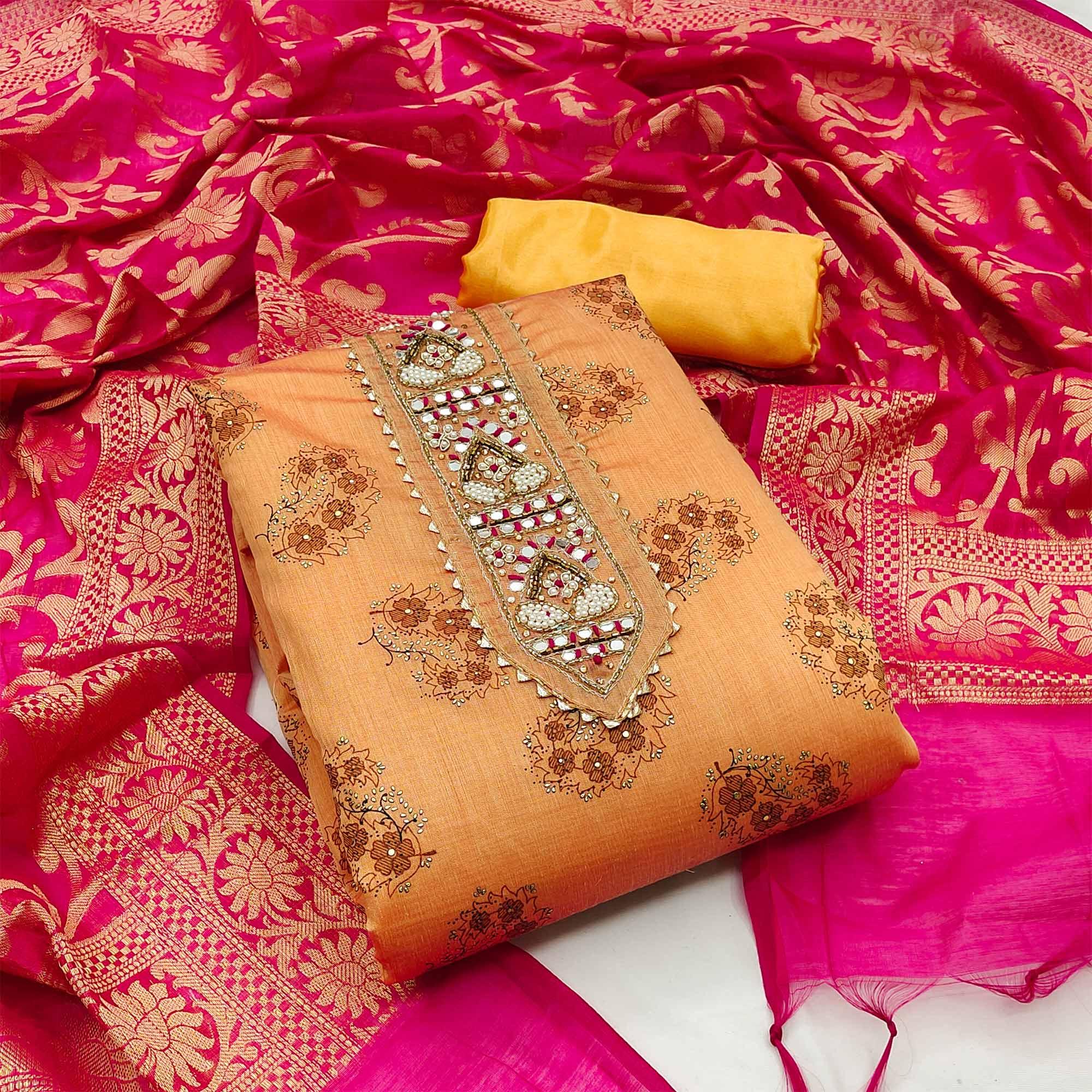 Orange Festive Wear Embroidered Floral Printed Chanderi Dress Material - Peachmode