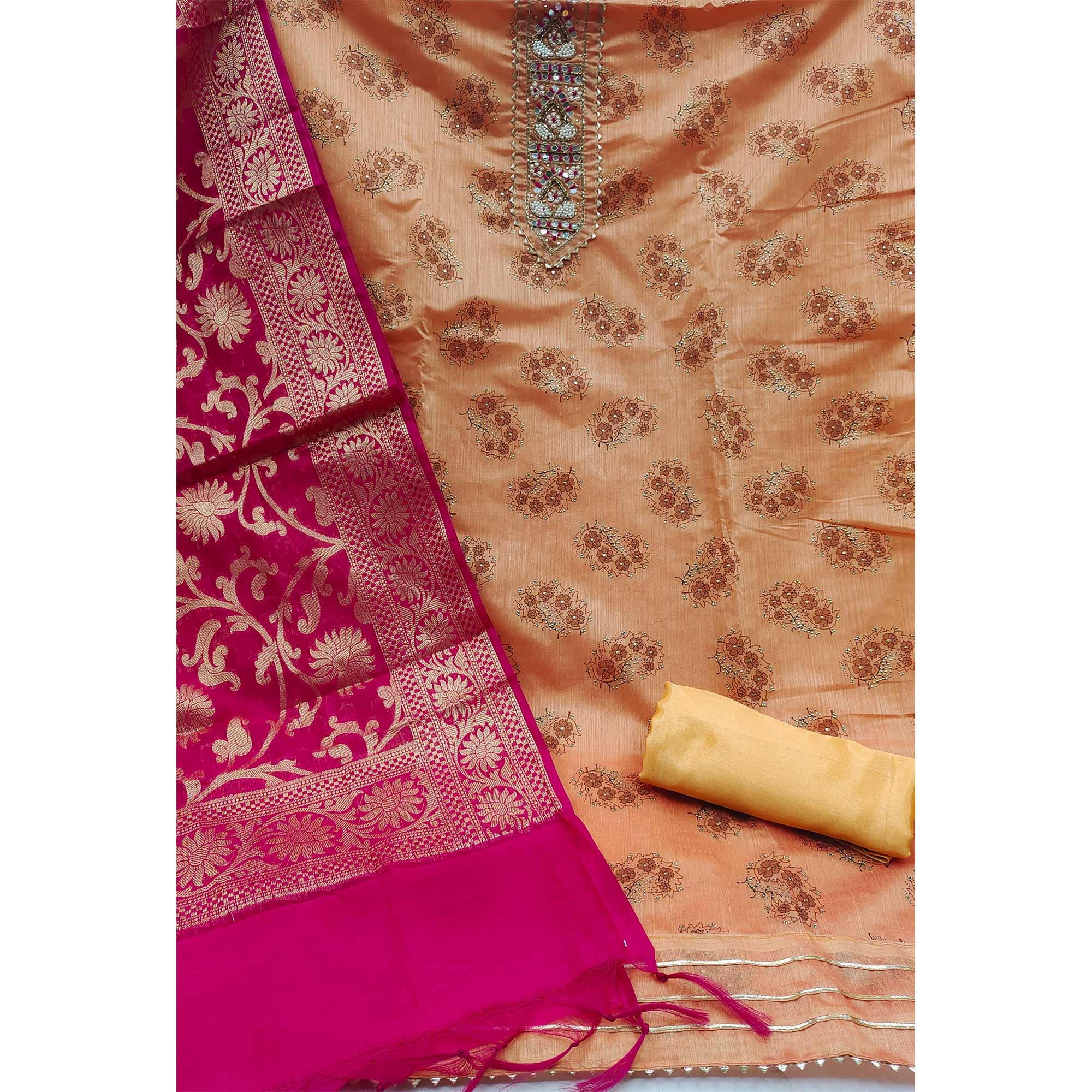 Orange Festive Wear Embroidered Floral Printed Chanderi Dress Material - Peachmode