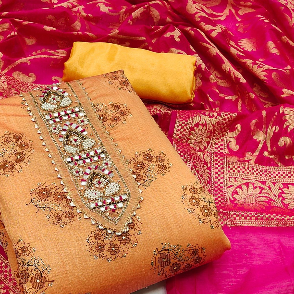 Orange Festive Wear Embroidered Floral Printed Chanderi Dress Material - Peachmode
