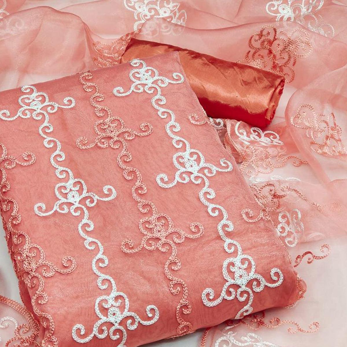 Orange Festive Wear Embroidered Organza Dress Material - Peachmode