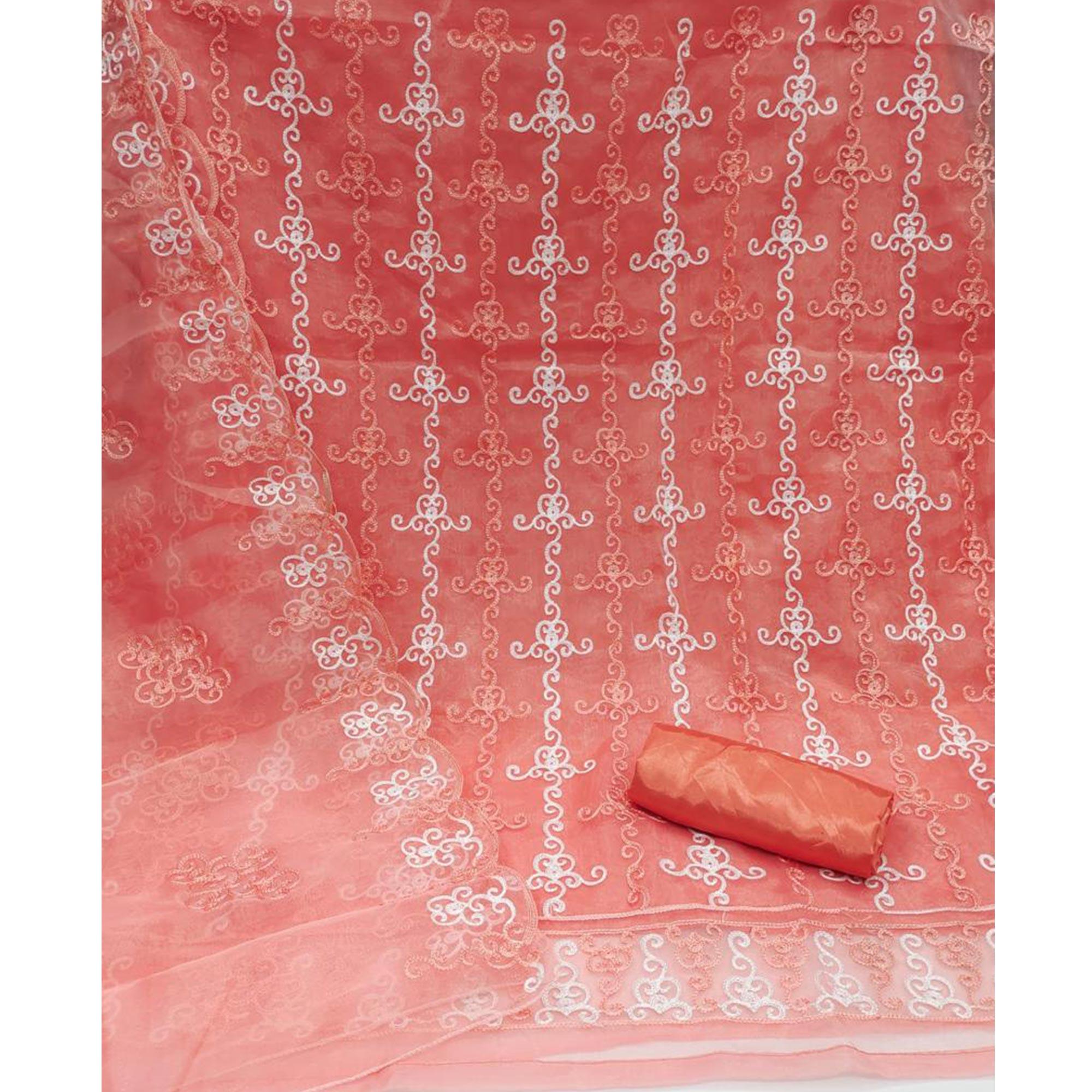 Orange Festive Wear Embroidered Organza Dress Material - Peachmode