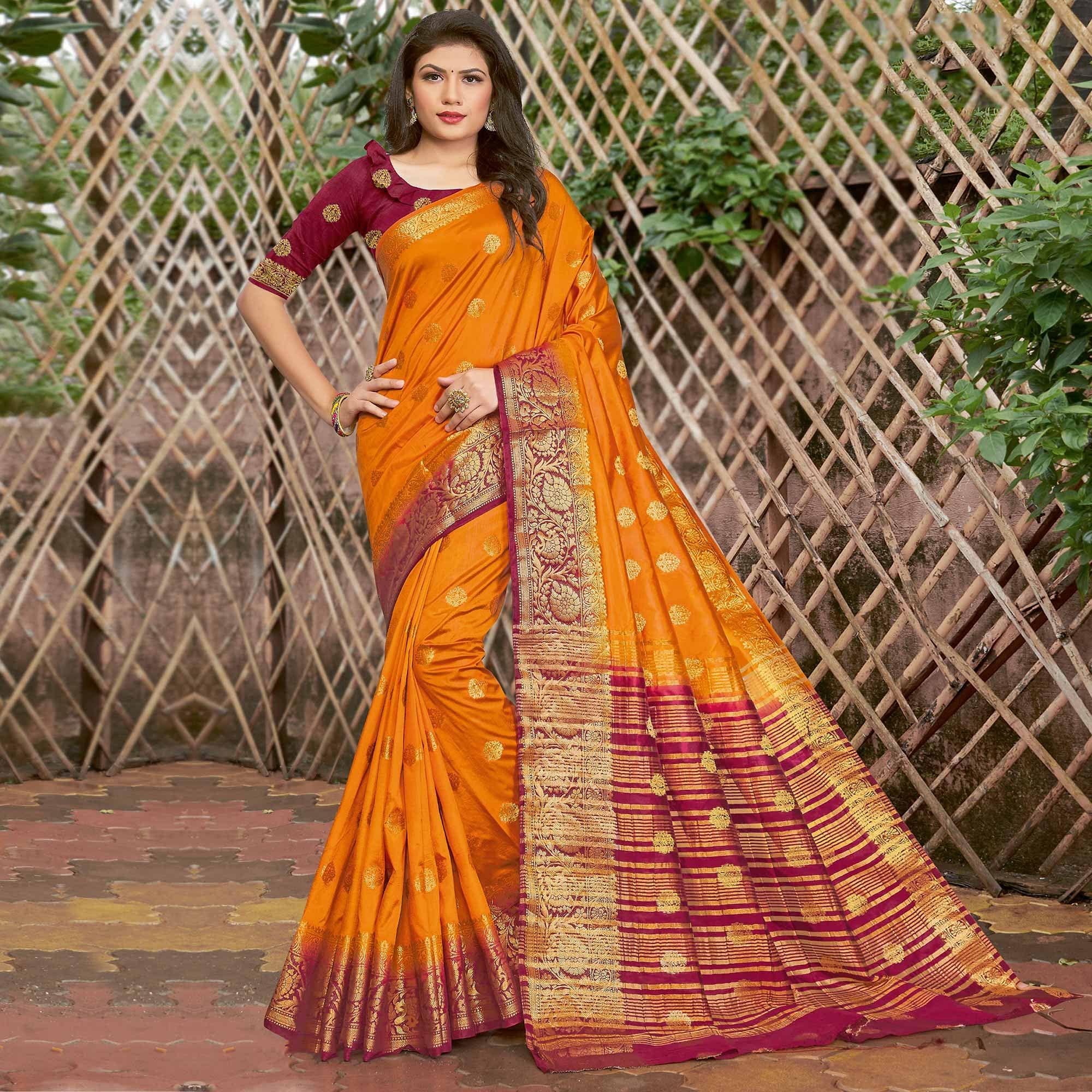 Orange Festive Wear Embroidered Silk Saree - Peachmode