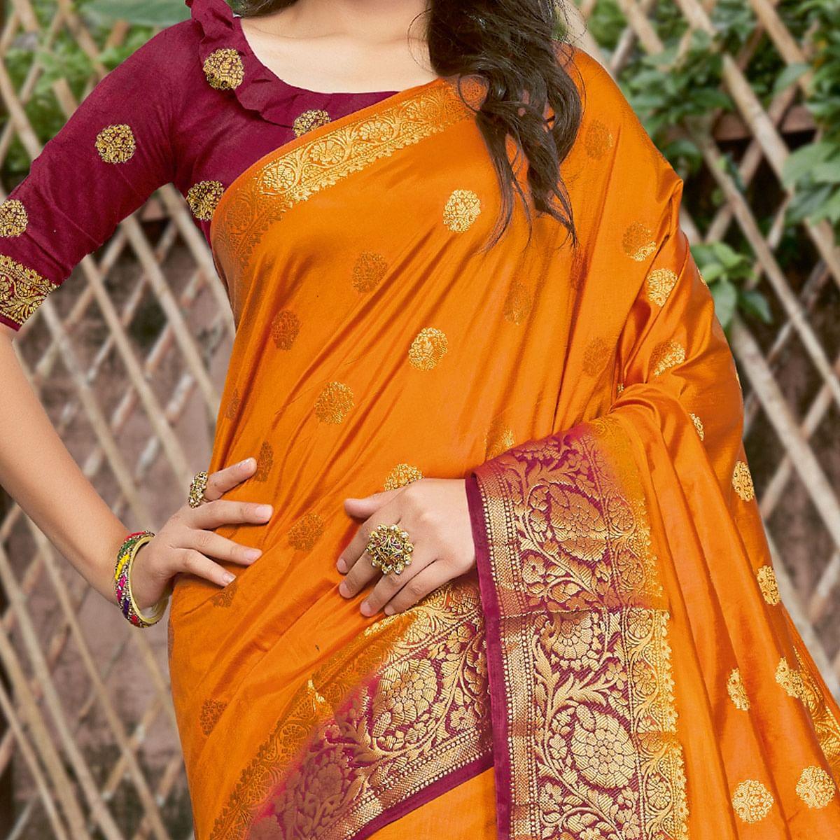 Orange Festive Wear Embroidered Silk Saree - Peachmode