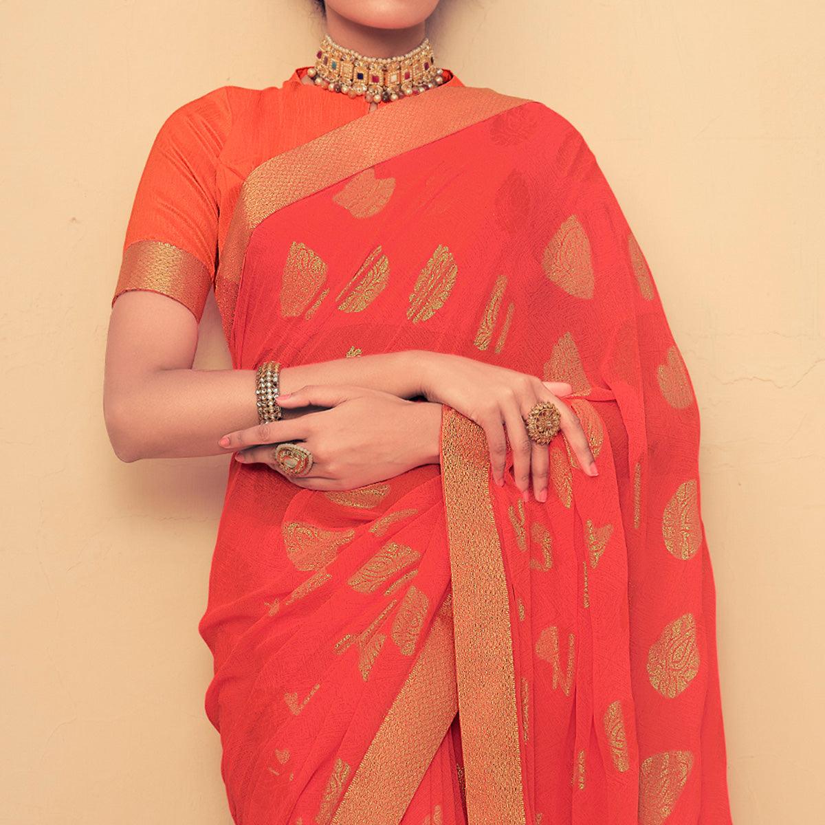 Orange Festive Wear Fancy Smoke Printed Georgette Saree Fancy Lace - Peachmode
