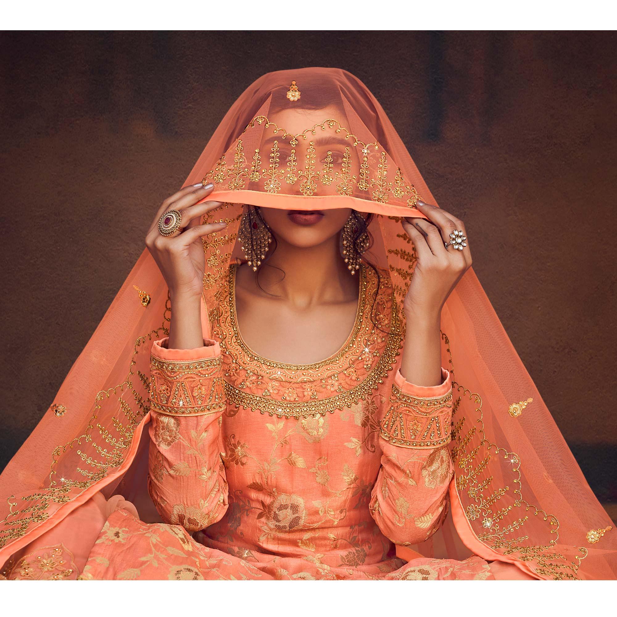 Orange Festive Wear Floral Emboidered With Diamond Net Lehenga Choli - Peachmode