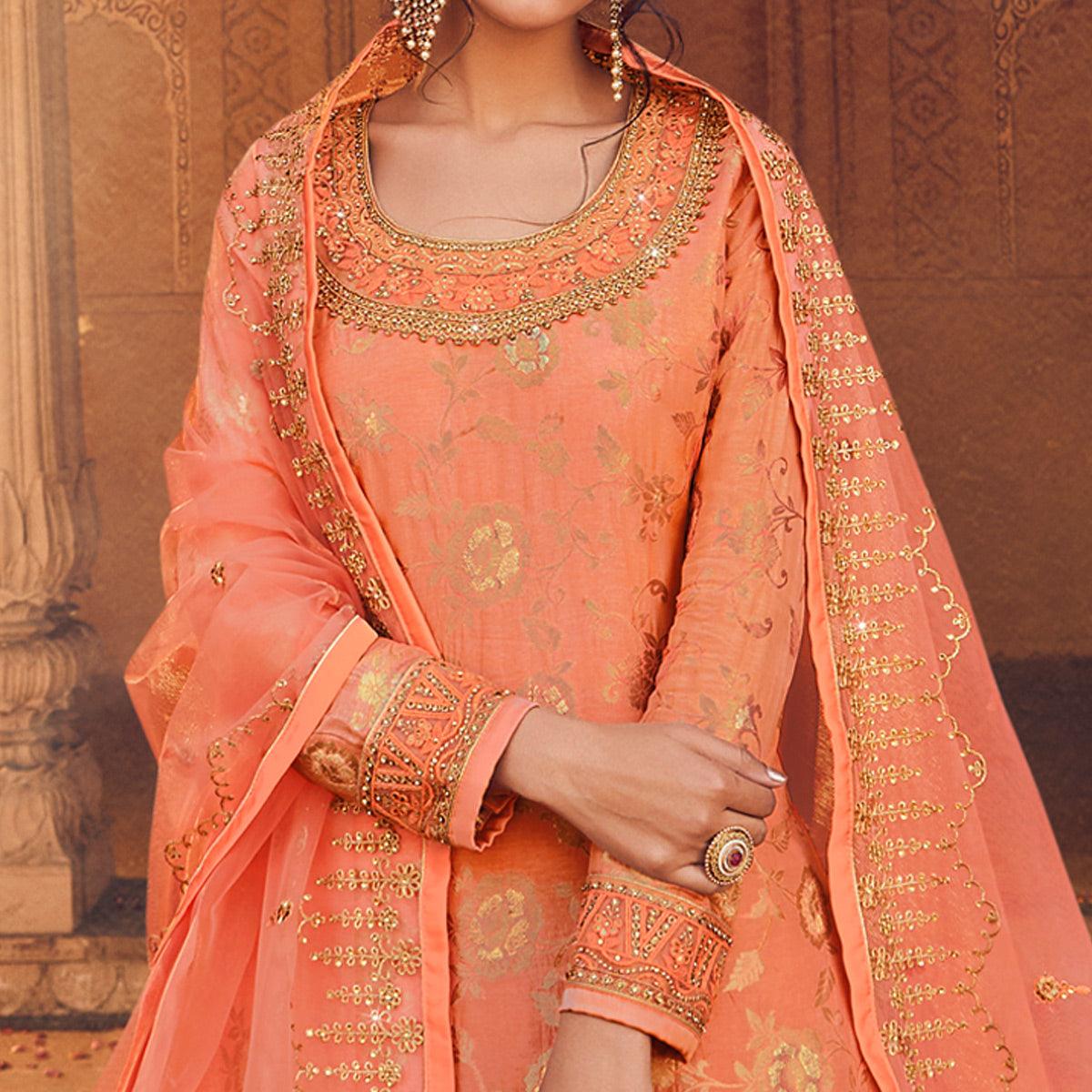 Orange Festive Wear Floral Emboidered With Diamond Net Lehenga Choli - Peachmode