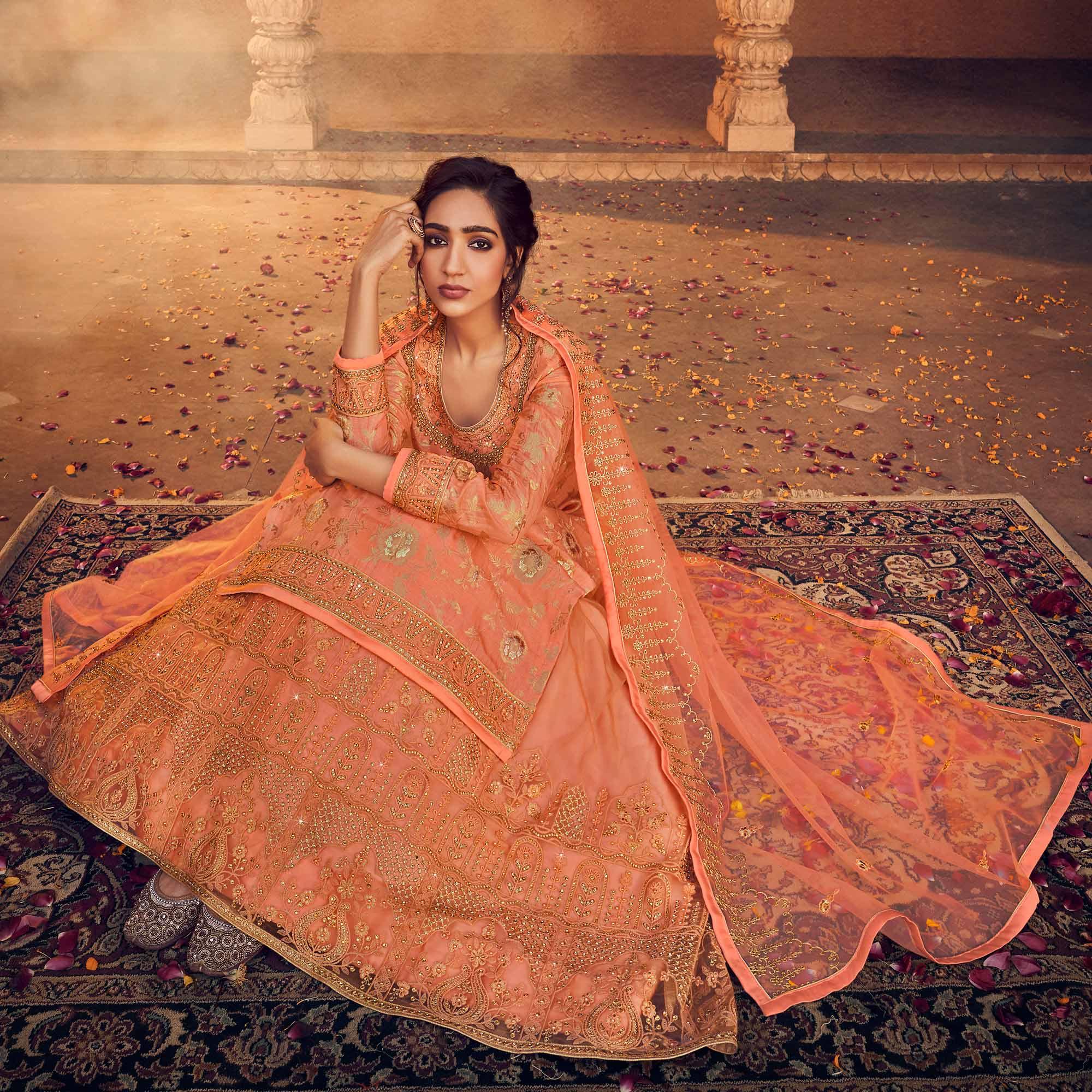 Orange Festive Wear Floral Emboidered With Diamond Net Lehenga Choli - Peachmode