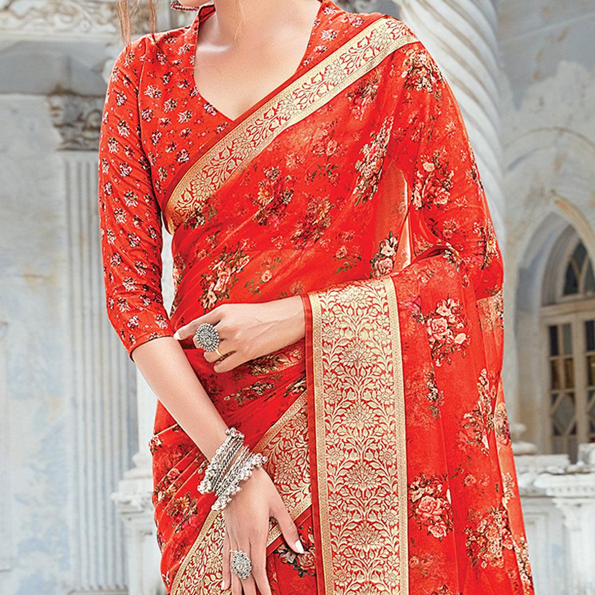 Orange Festive Wear Floral Printed Organza Saree - Peachmode