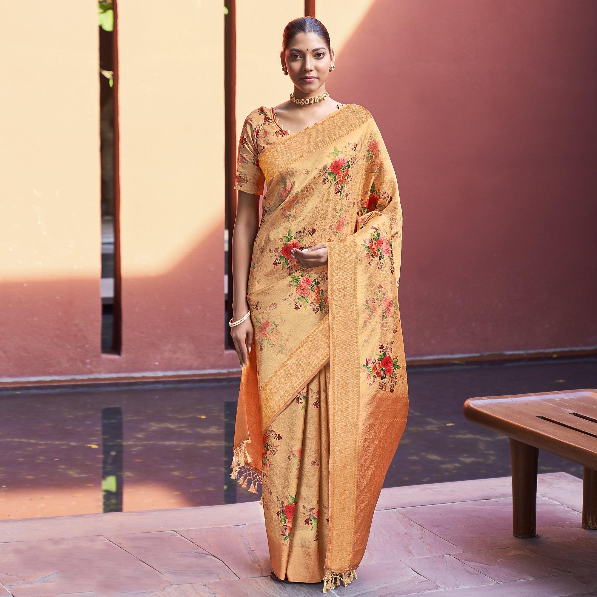 Orange Festive Wear Floral Printed Silk Saree With Woven Border - Peachmode