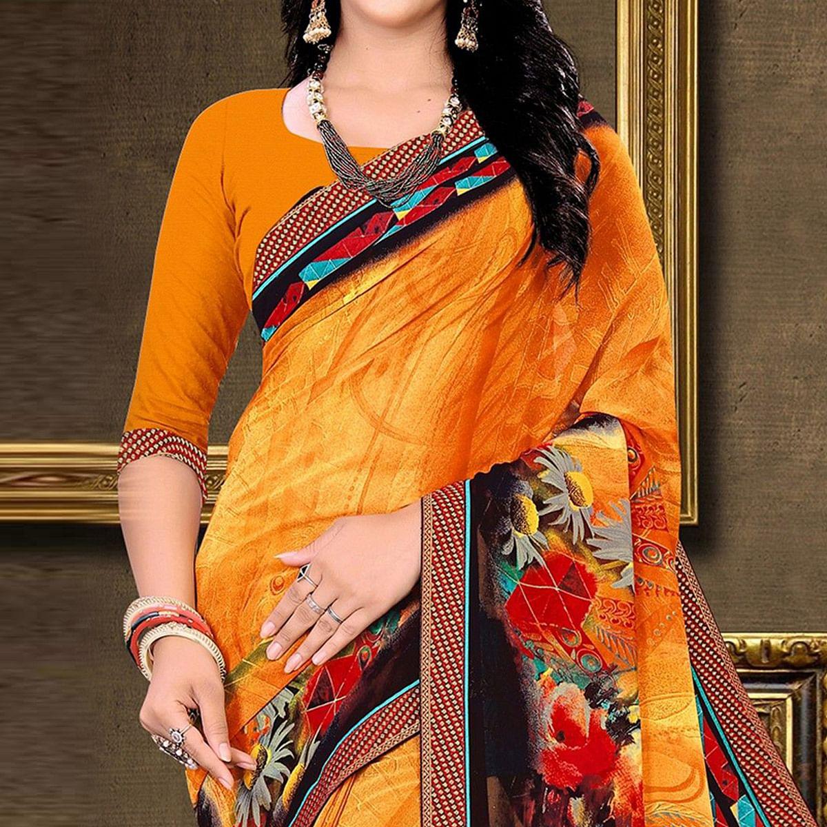 Orange Festive Wear Floral Printed Work Georgette Designer Saree - Peachmode