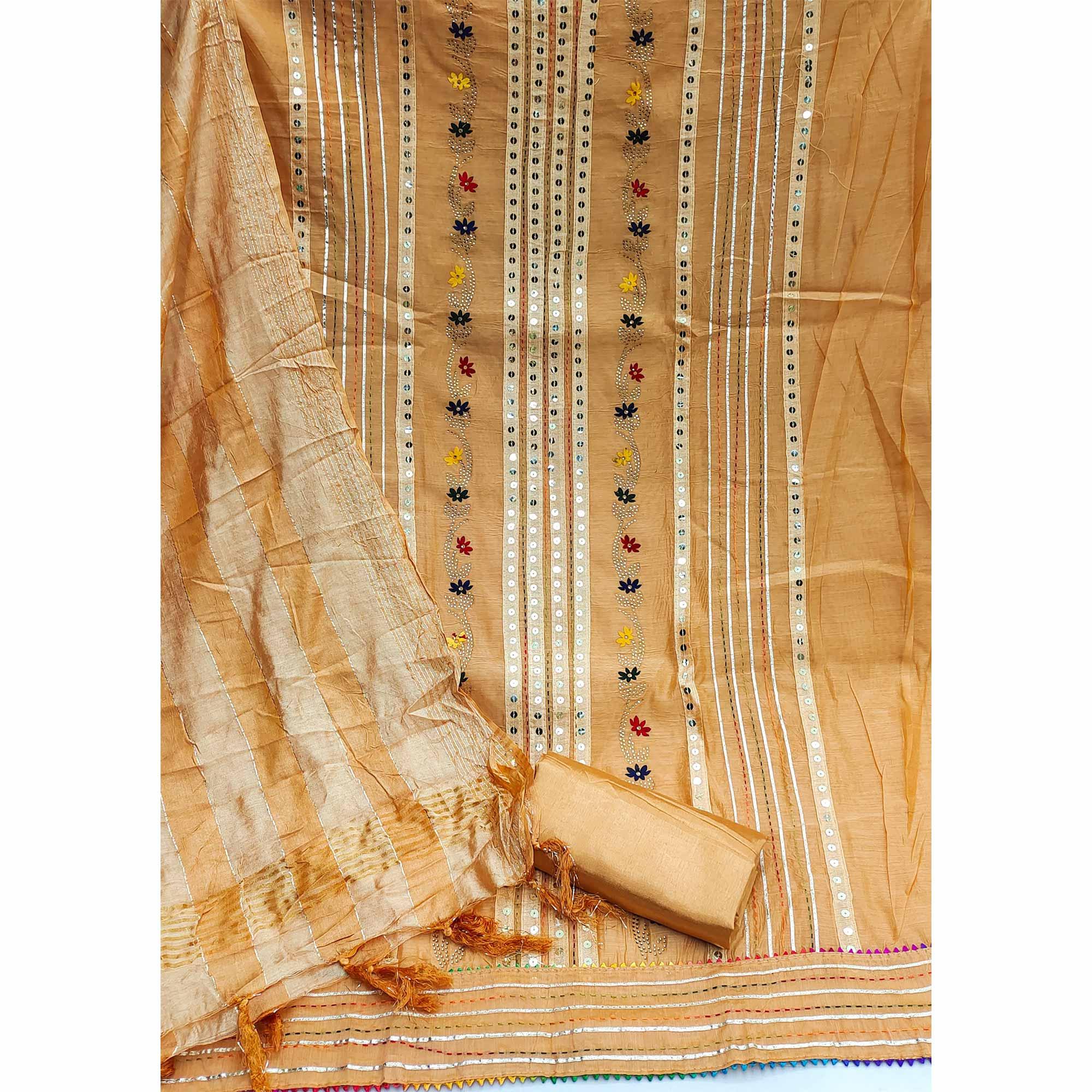 Orange Festive Wear Floral Sequecne Embroidered Chanderi Dress Material - Peachmode