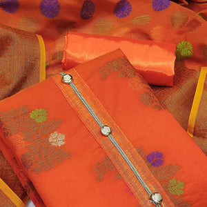 Orange Festive Wear Floral Woven Banarasi Silk Dress Material - Peachmode