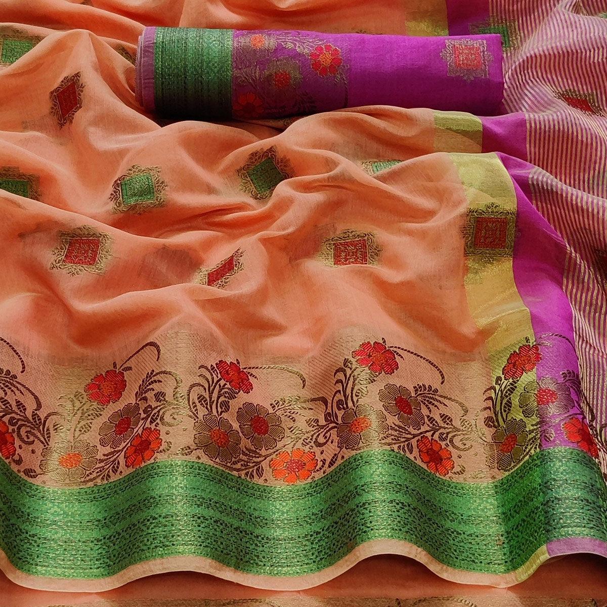 Orange Festive Wear Floral Woven Border With Butta Work Cotton Saree - Peachmode