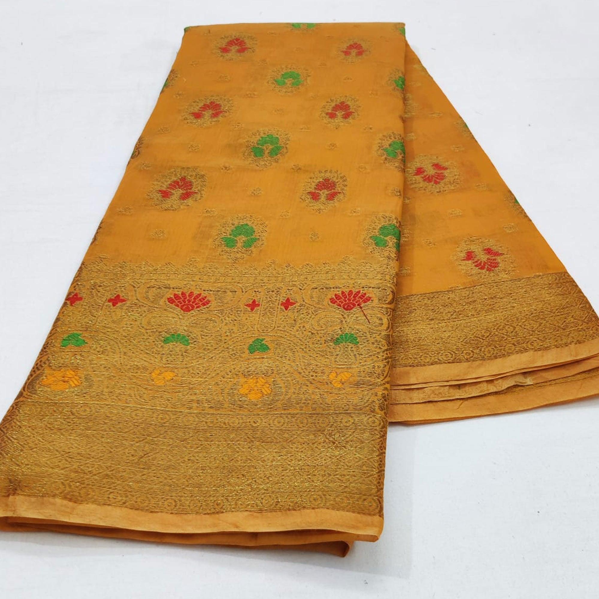 Orange Festive Wear Floral Woven Cotton Saree With Meena Butta Pallu - Peachmode