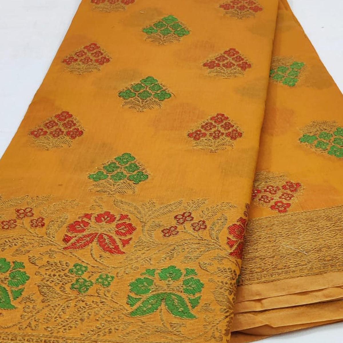 Orange Festive Wear Floral Woven Cotton Saree With Meena Butta Pallu - Peachmode