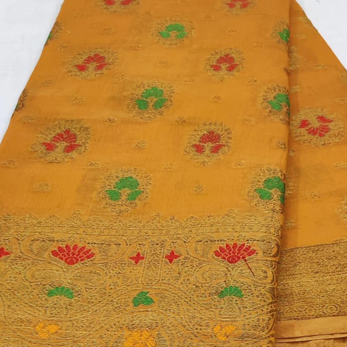 Orange Festive Wear Floral Woven Cotton Saree With Meena Butta Pallu - Peachmode