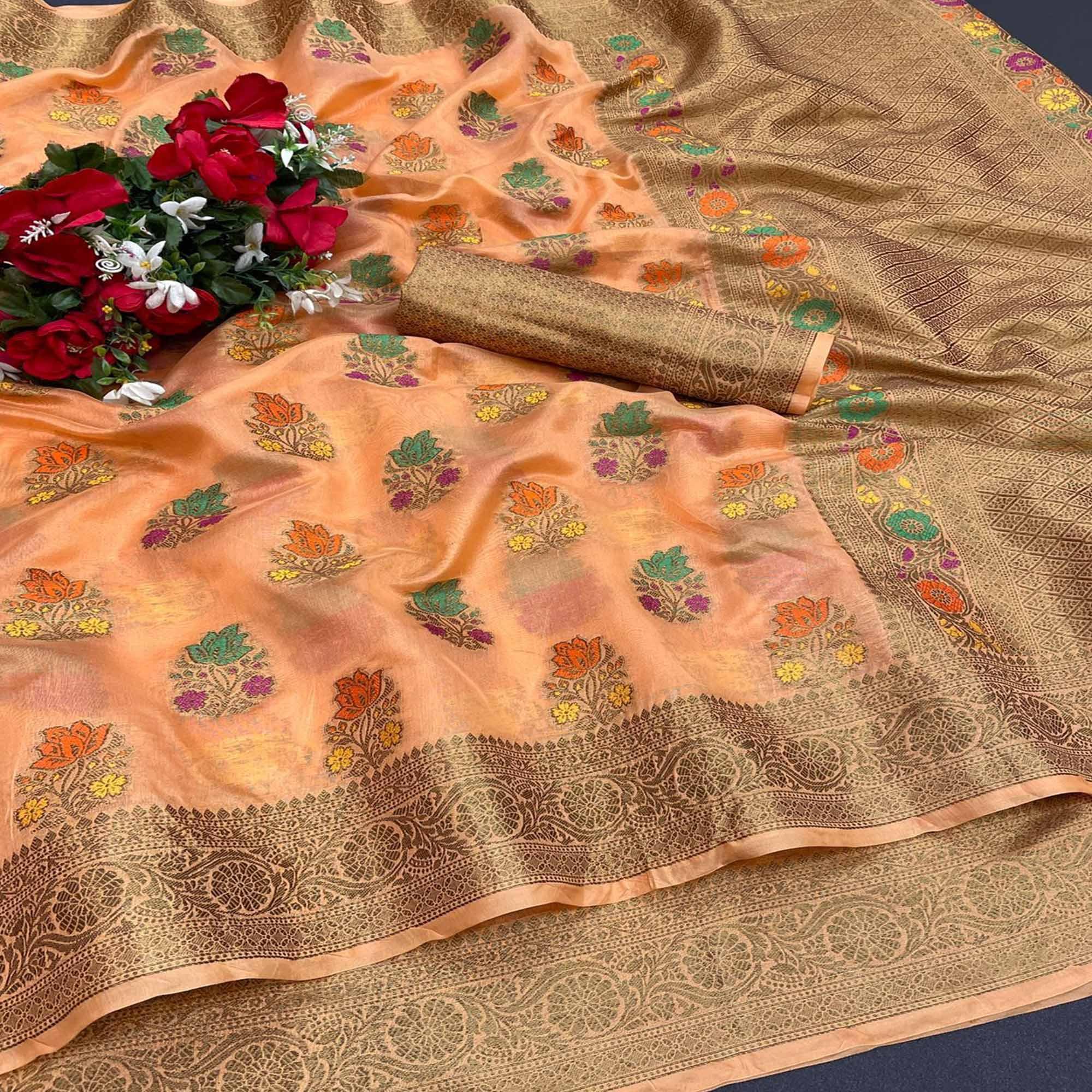 Orange Festive Wear Floral Woven Pure Soft Organza Saree - Peachmode