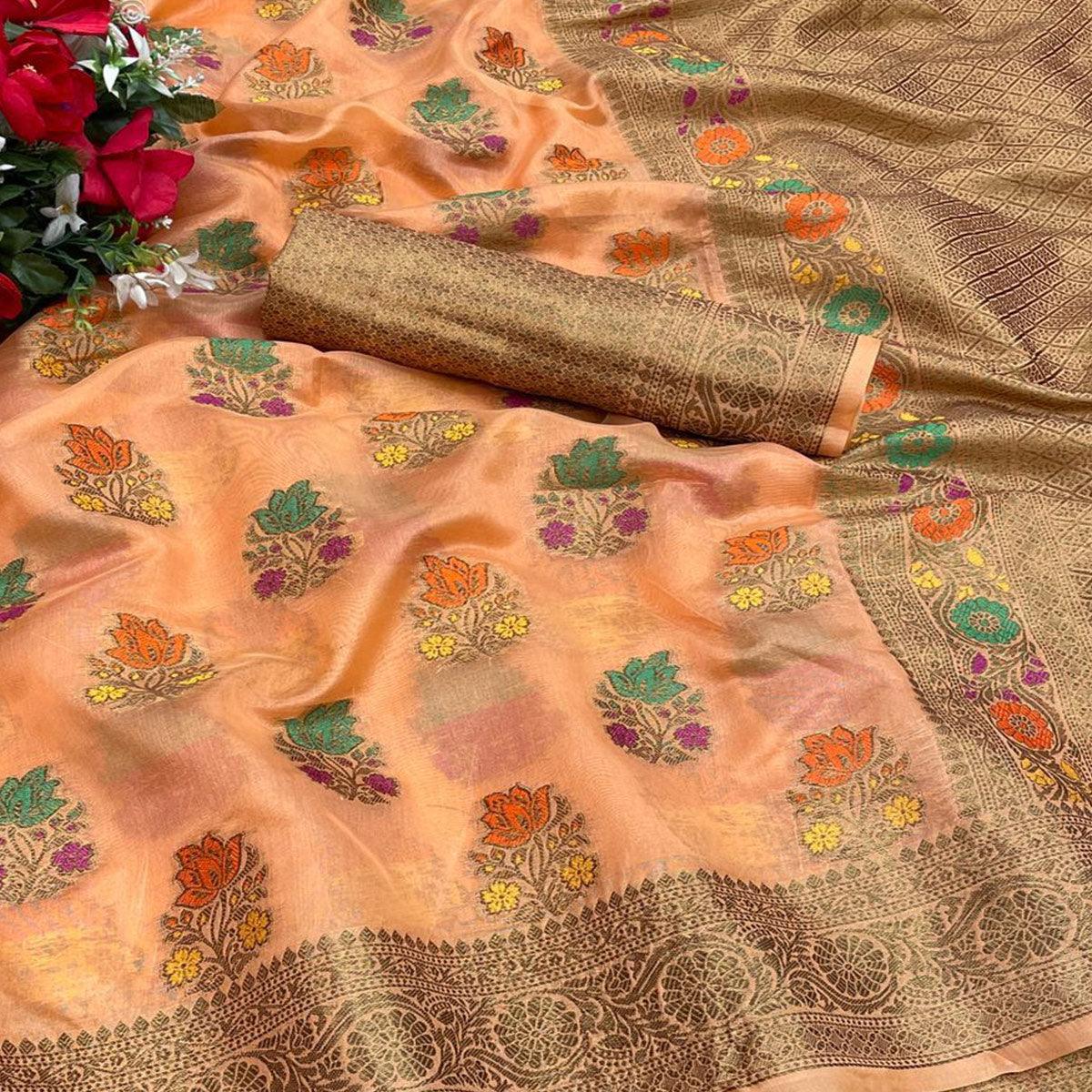 Orange Festive Wear Floral Woven Pure Soft Organza Saree - Peachmode