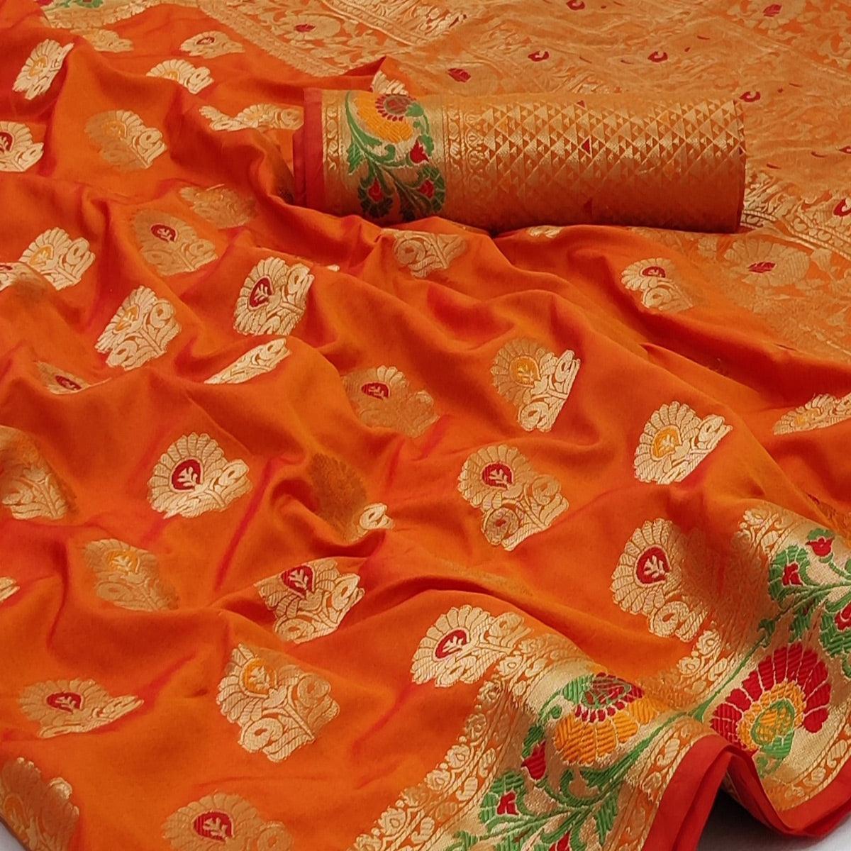 Orange Festive Wear Floral Woven Soft Silk Saree - Peachmode