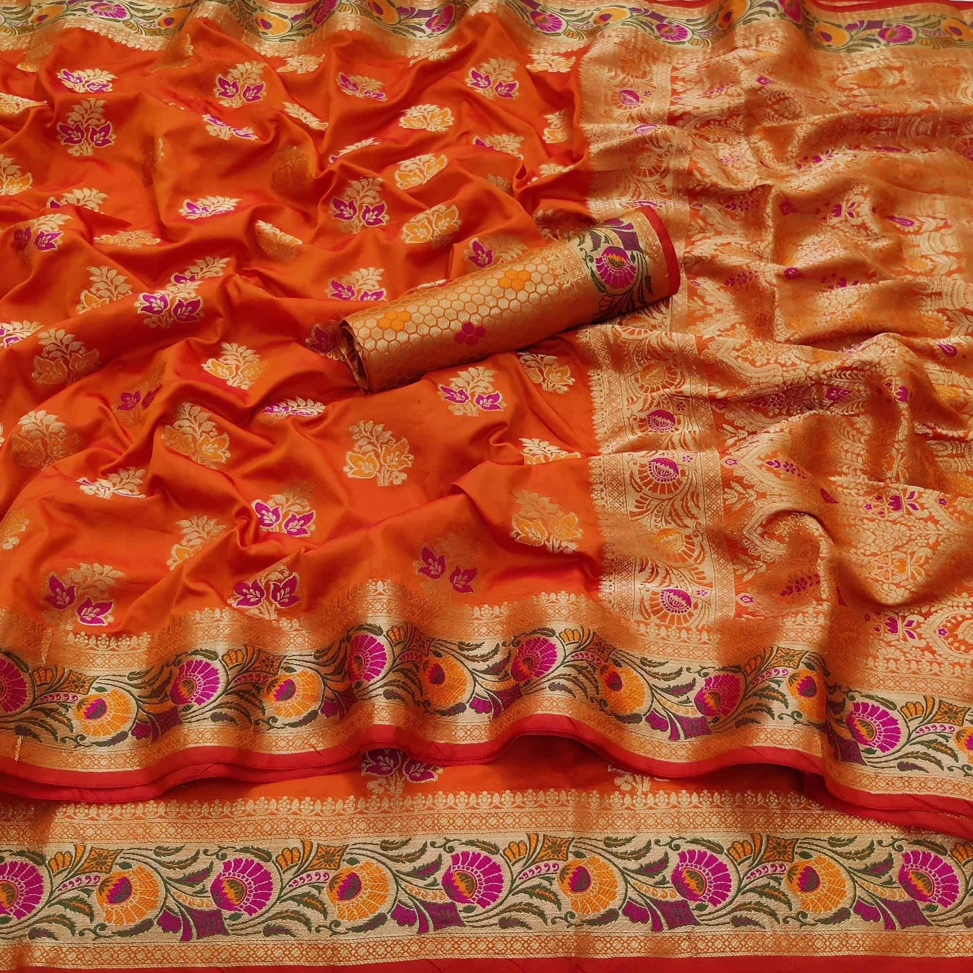 Orange Festive Wear Floral Woven Soft Silk Saree - Peachmode