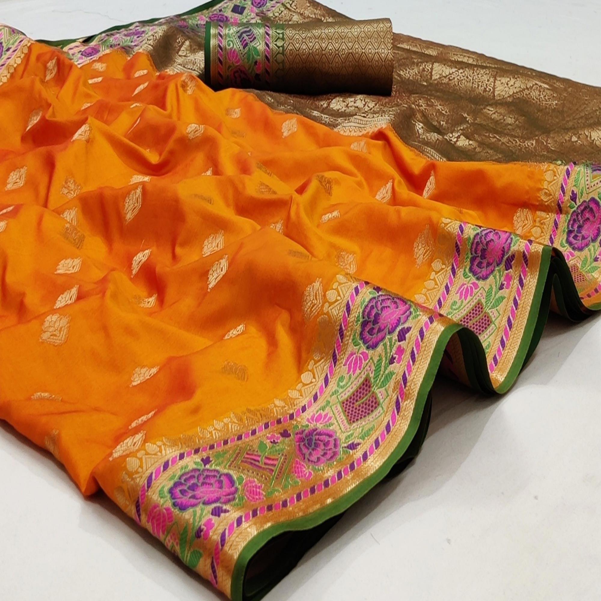 Orange Festive Wear Floral Woven Soft Silk Saree With Jacquard Border - Peachmode