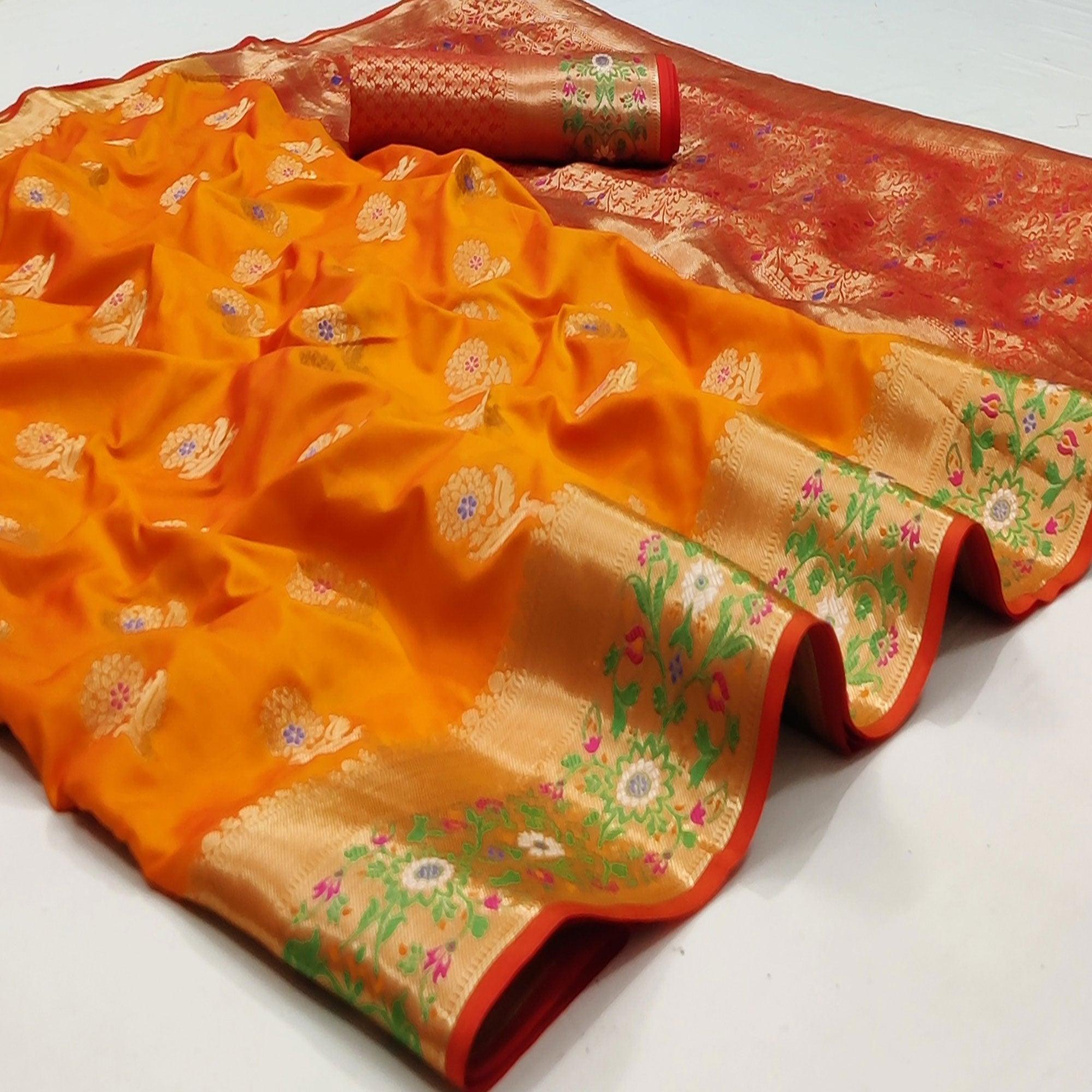 Orange Festive Wear Floral Woven Soft Silk Saree With Jacquard Border - Peachmode