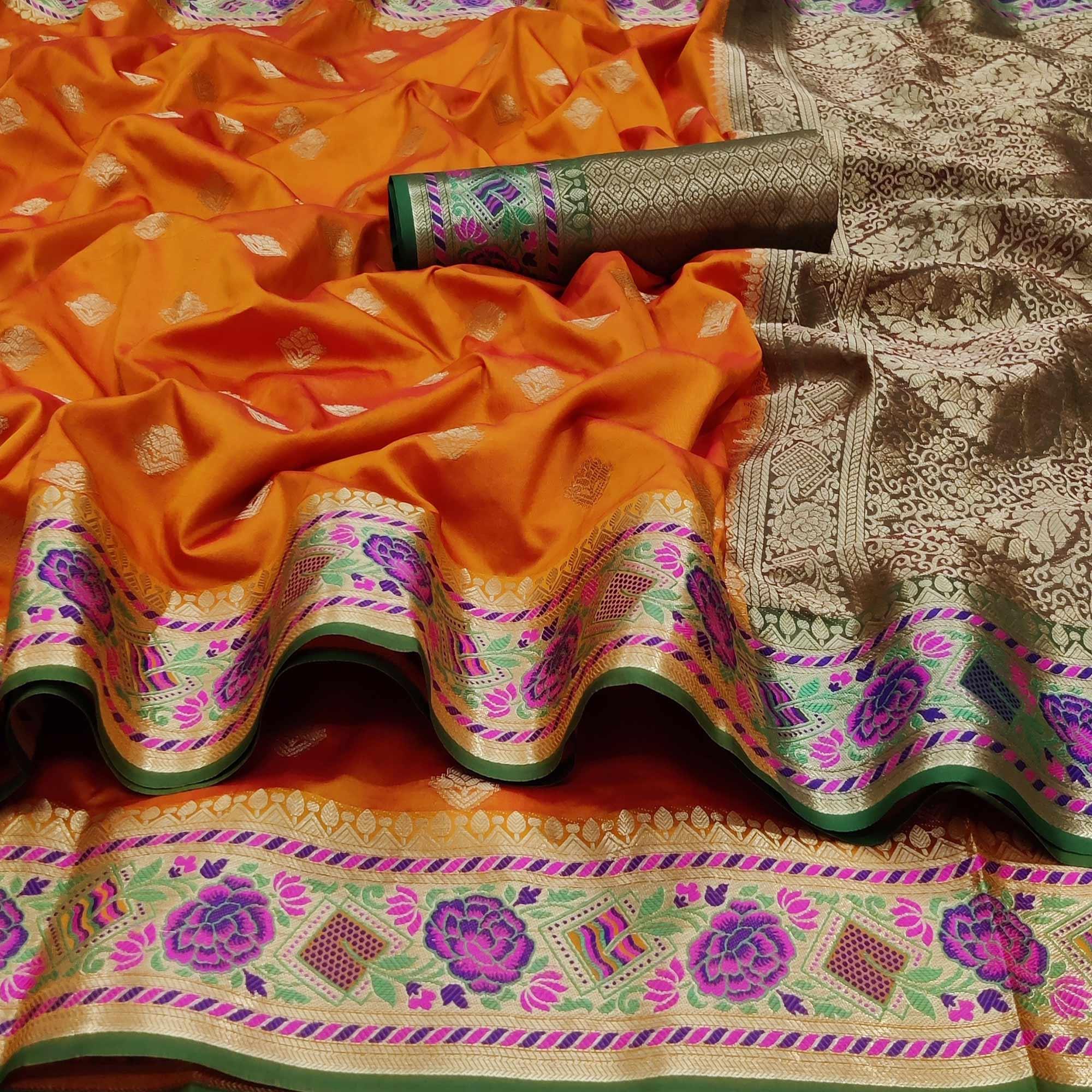 Orange Festive Wear Floral Woven Soft Silk Saree With Jacquard Border - Peachmode
