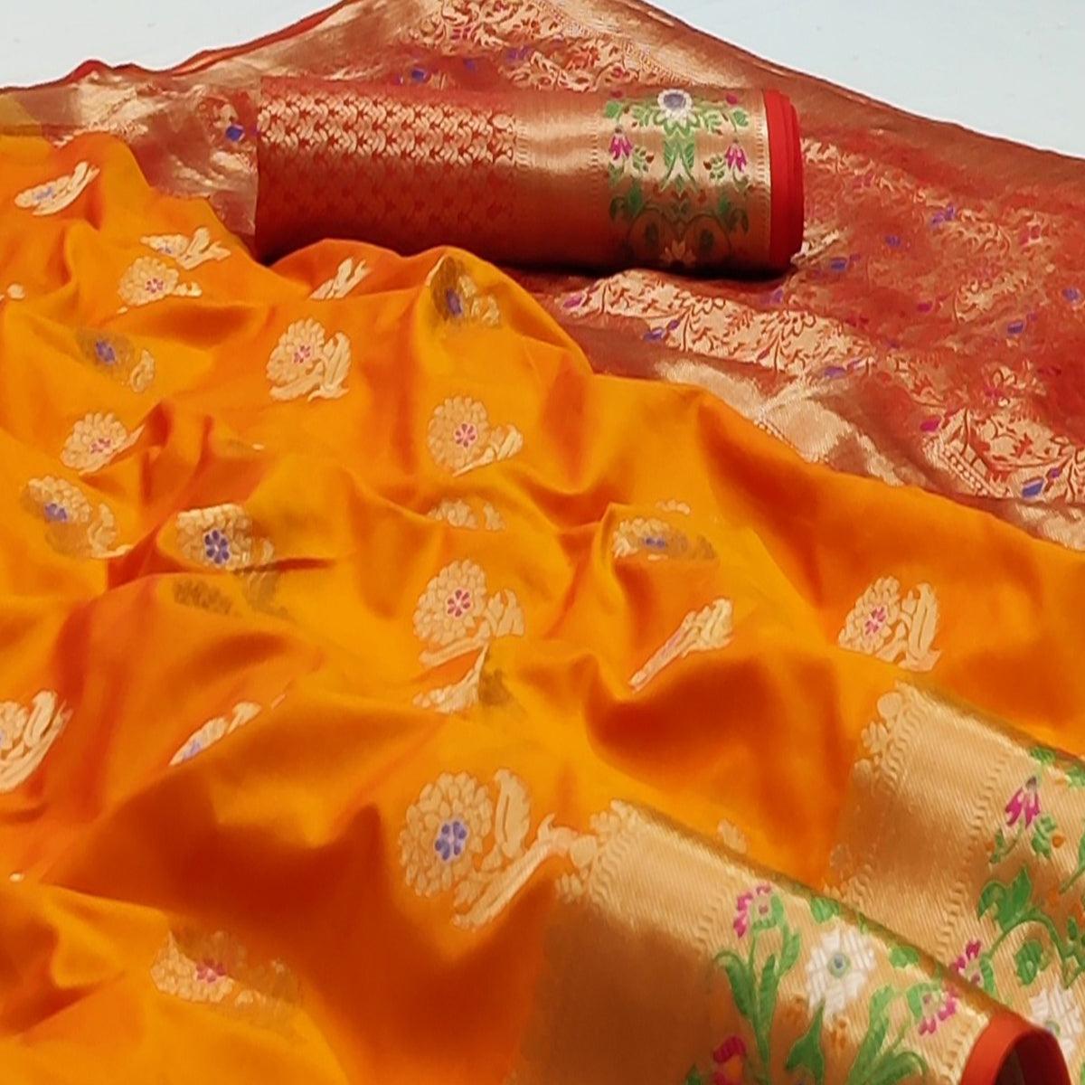 Orange Festive Wear Floral Woven Soft Silk Saree With Jacquard Border - Peachmode
