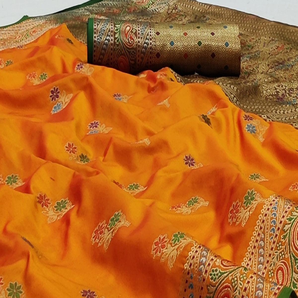 Orange Festive Wear Floral Woven Soft Silk Saree With Jacquard Border - Peachmode