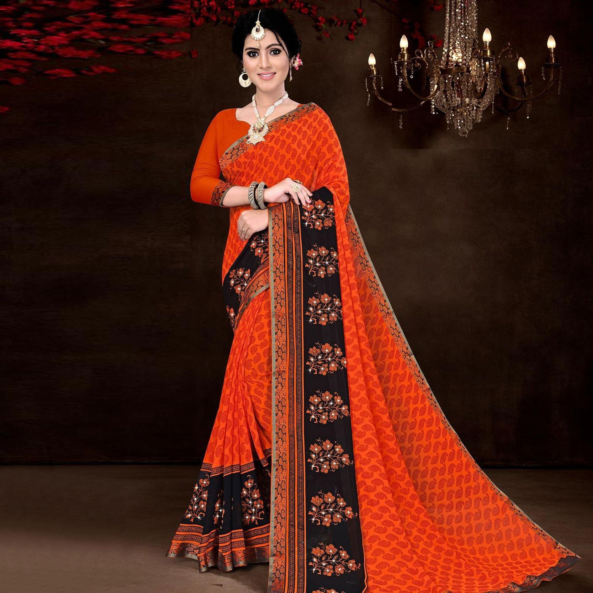 Orange Festive Wear Geometric Printed Work Georgette Designer Saree - Peachmode