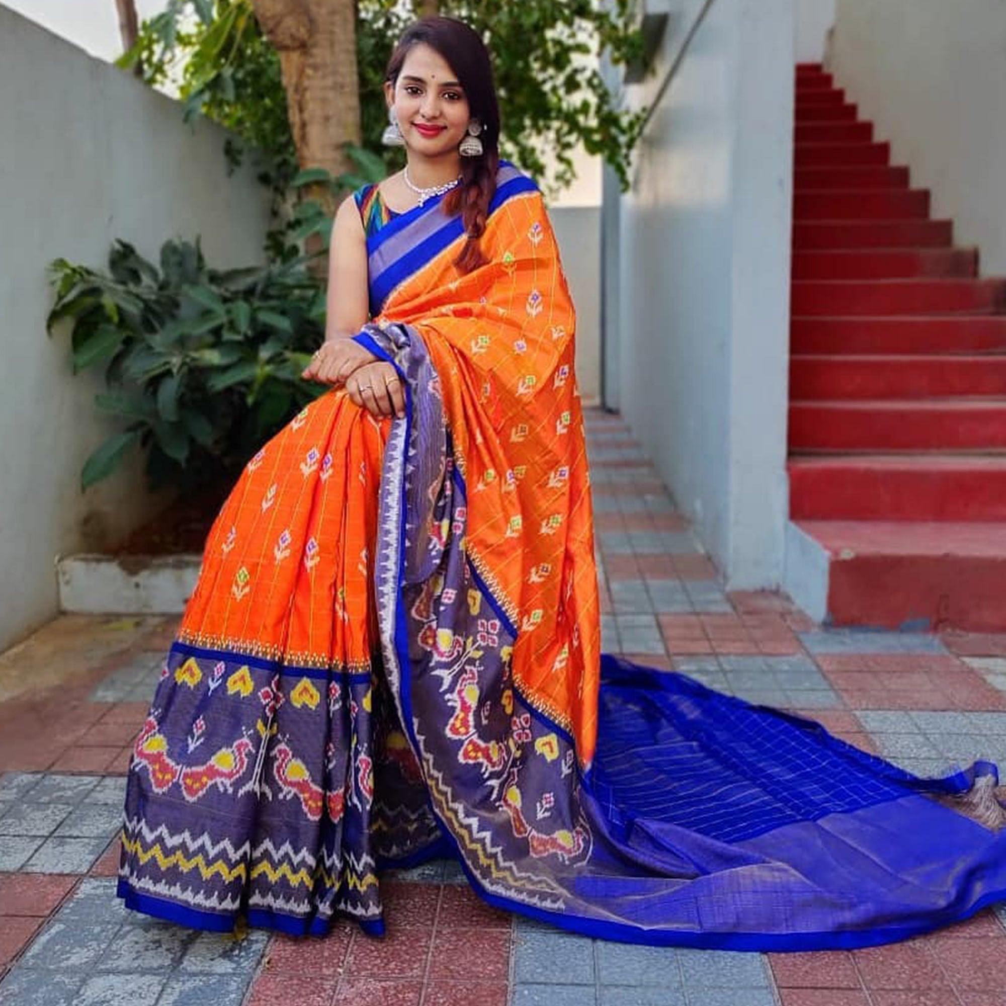 Orange Festive Wear Hand Block Printed Cotton Linen Saree - Peachmode
