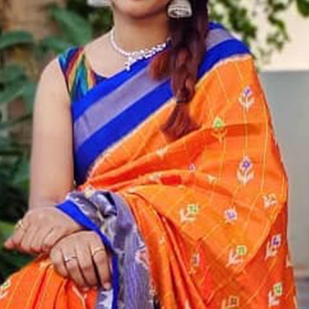 Orange Festive Wear Hand Block Printed Cotton Linen Saree - Peachmode