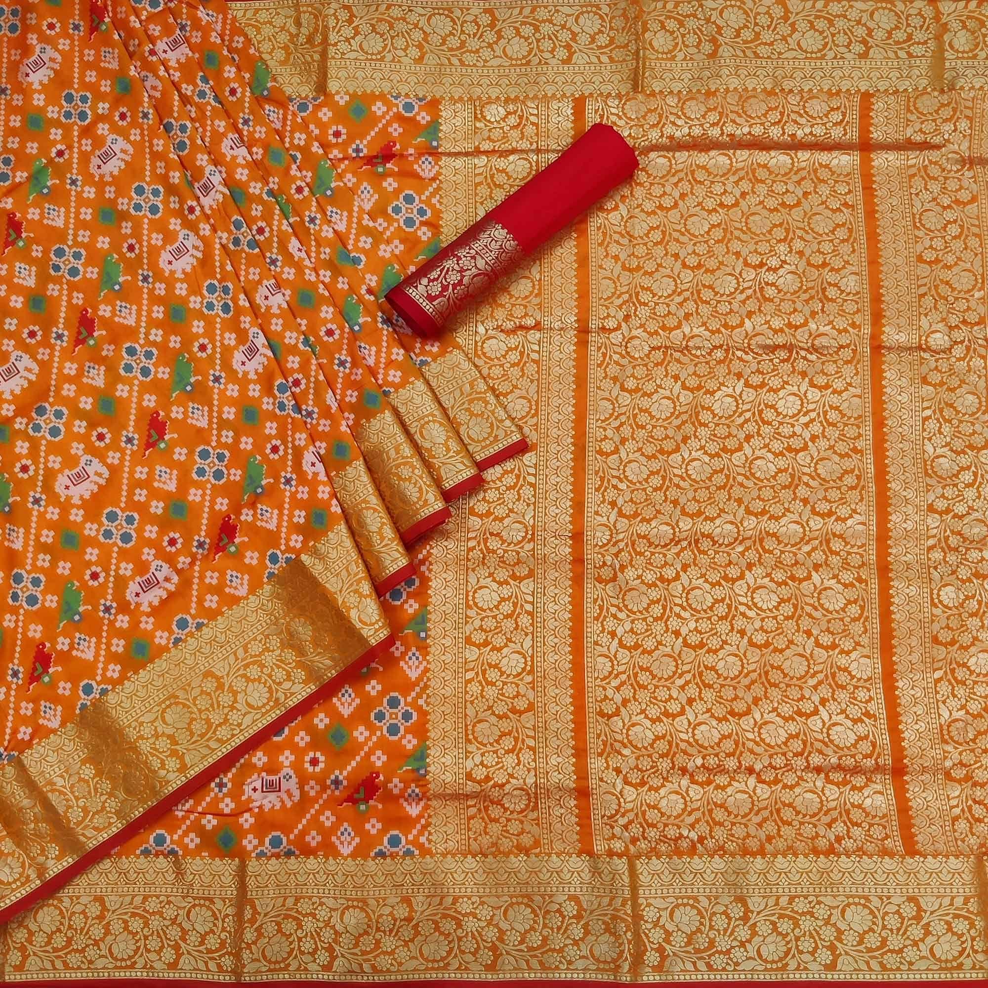 Orange Festive Wear Patola Printed Art Silk Saree - Peachmode
