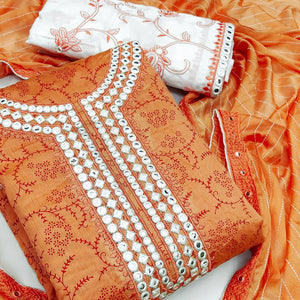 Orange Festive Wear Print With Embroidered Chanderi Dress Material - Peachmode