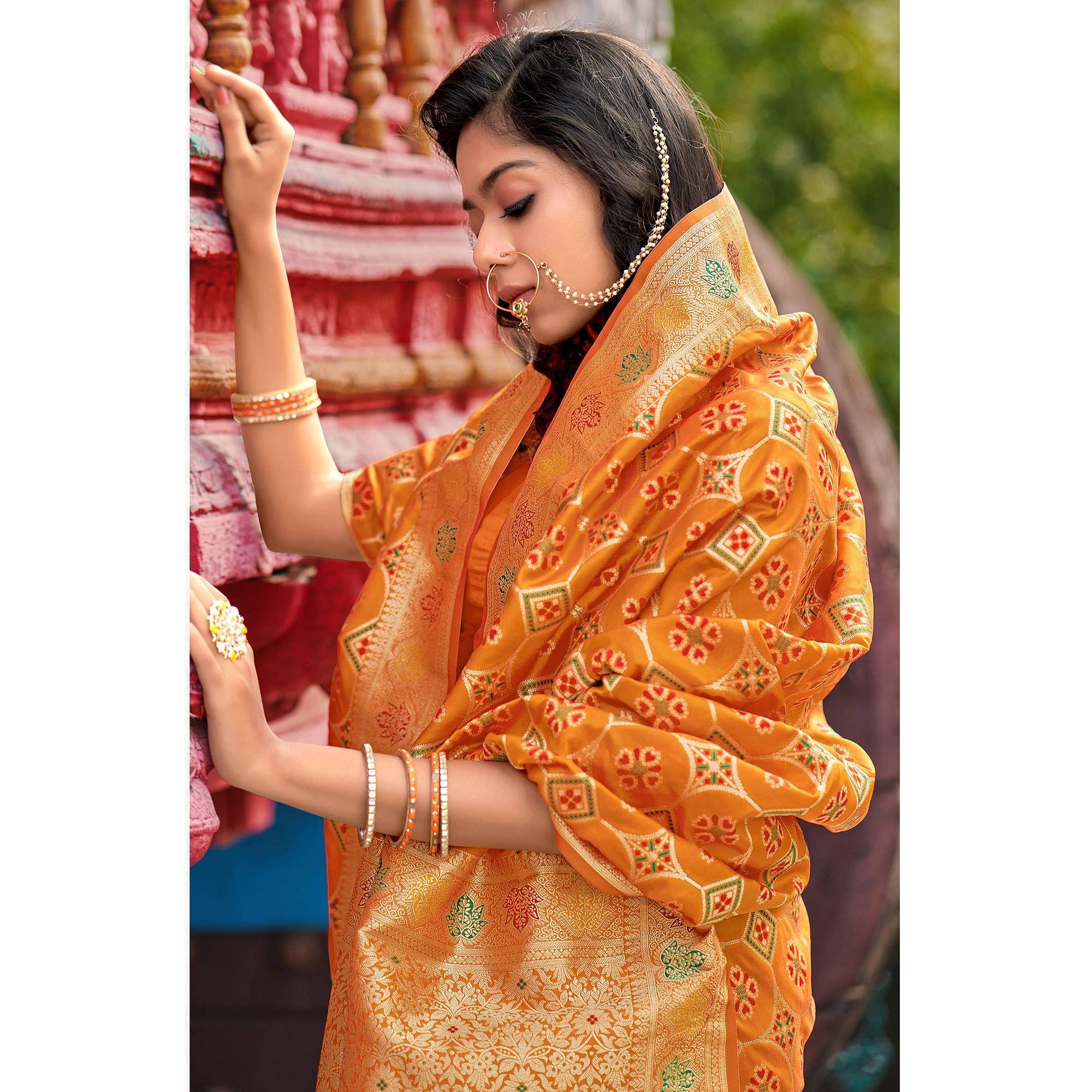 Orange Festive Wear Printed Banarasi Soft Silk Saree - Peachmode