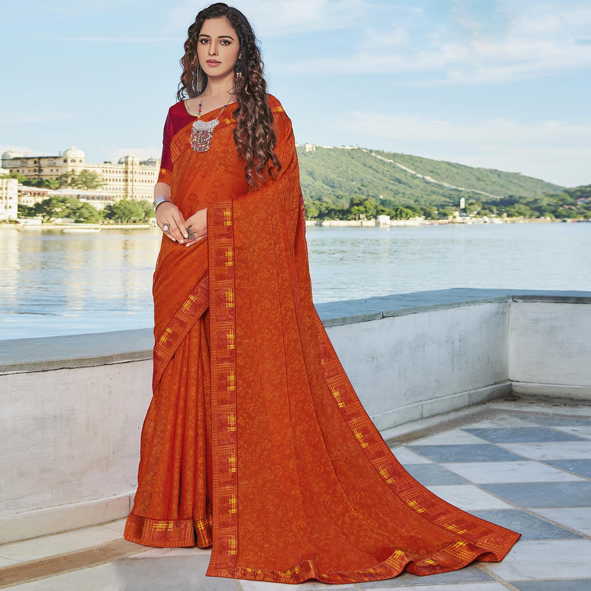 Orange Festive Wear Printed Brasso Saree - Peachmode