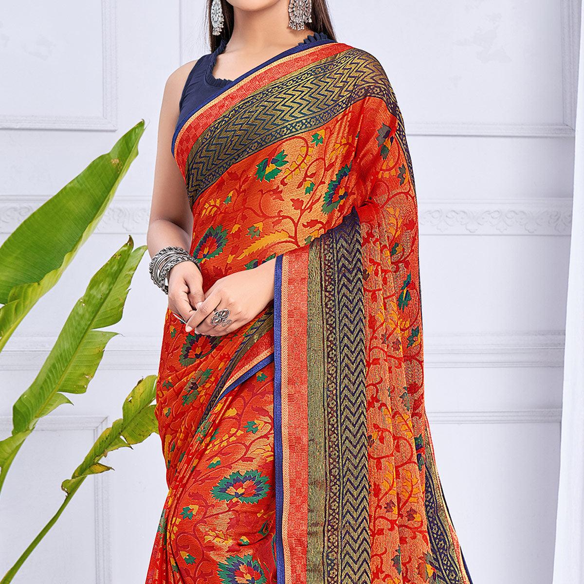 Orange Festive Wear Printed Brasso Saree - Peachmode