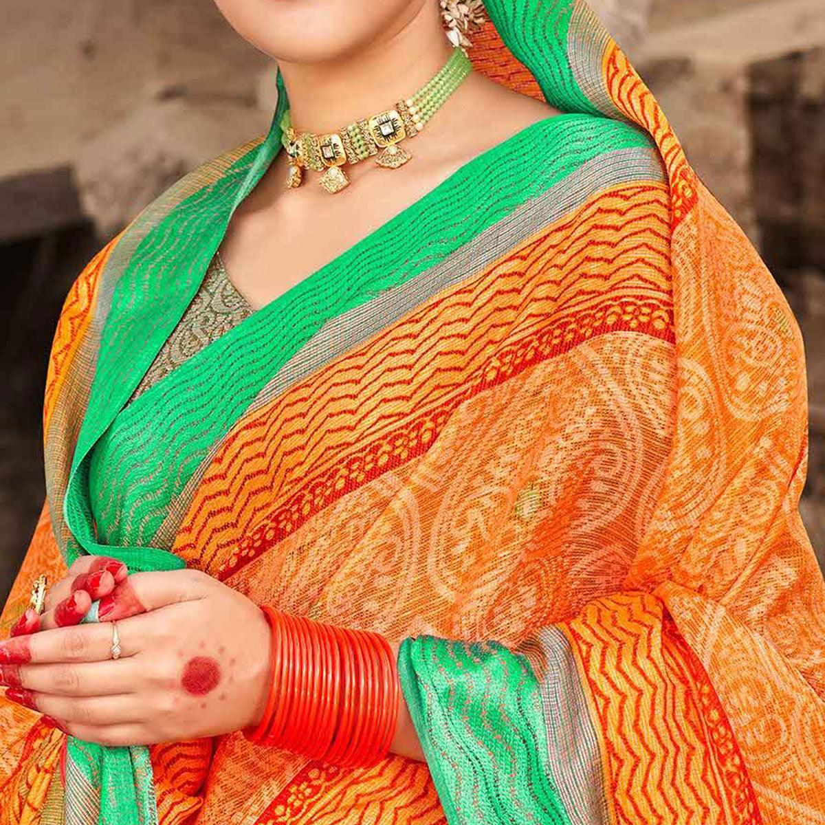 Orange Festive Wear Printed Brasso Saree - Peachmode
