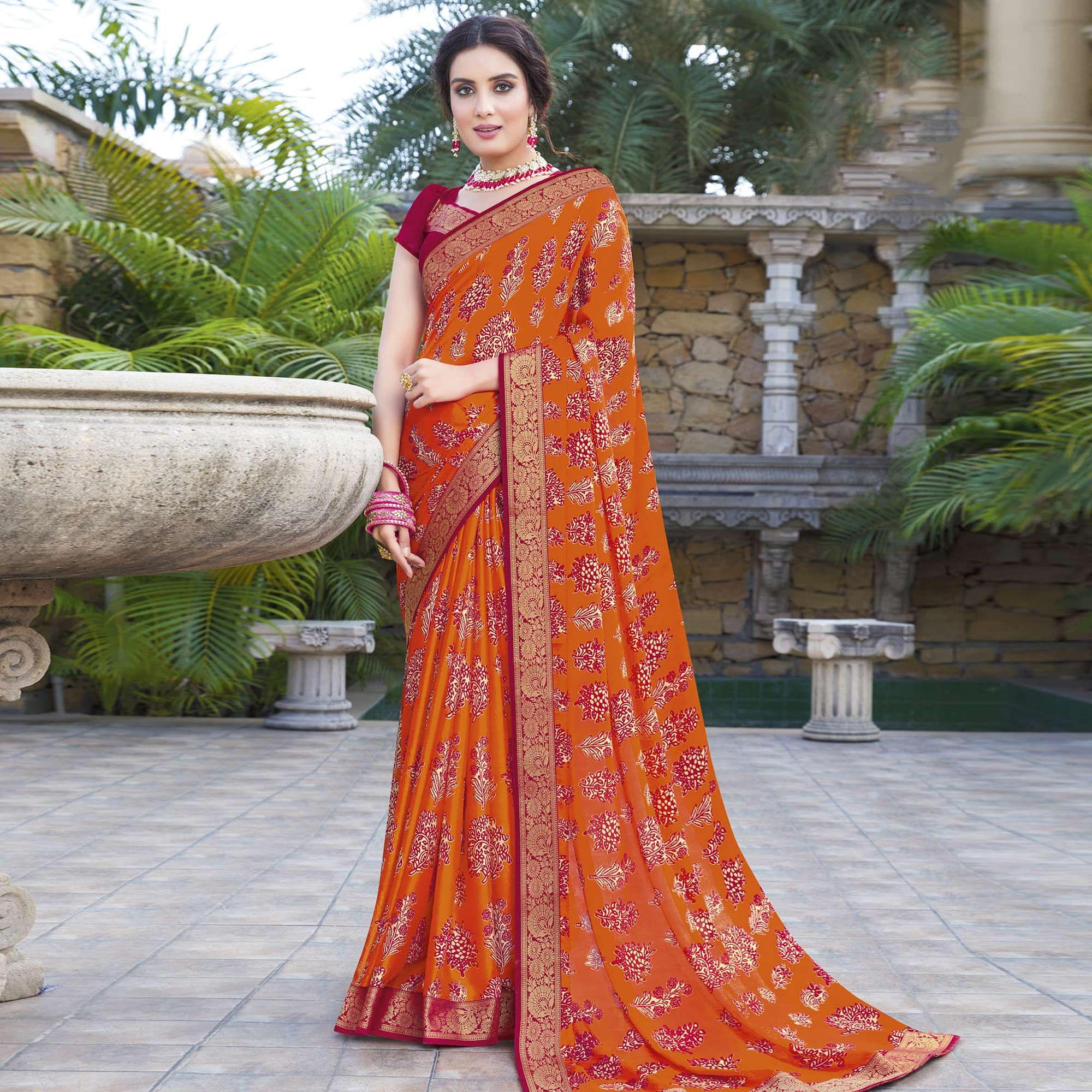 Orange Festive Wear Printed Chiffon Saree - Peachmode
