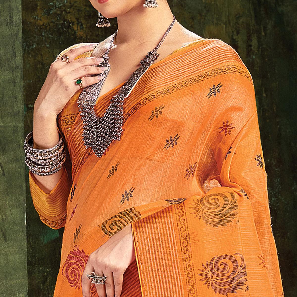 Orange Festive Wear Printed Cotton Saree - Peachmode